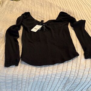 Free People Black Lace-Trimmed Ribbed Top